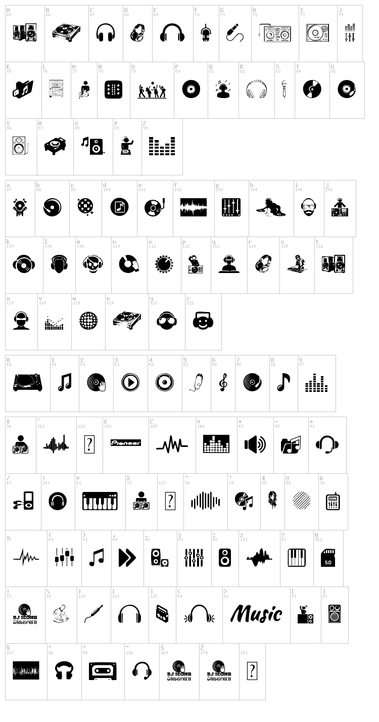 DJ Icons font map